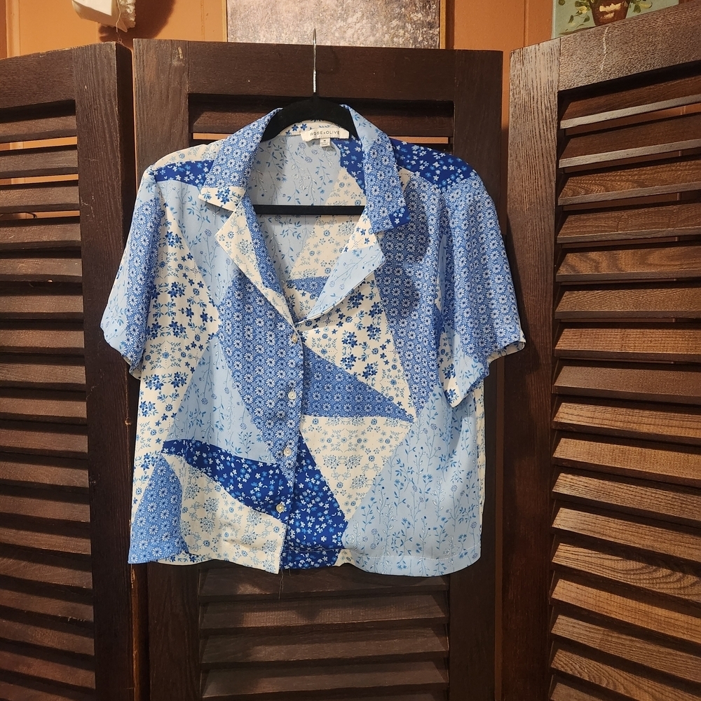 Rose & Olive Floral Blue and White Blouse
